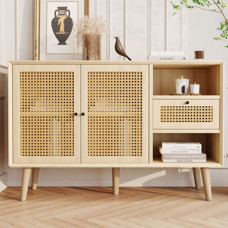 foto del prodotto credenza in legno, credenza da cucina, credenza da soggiorno con 1 cassetto e 2 ante magnetiche, ripiani regolabili, gambe in legno massello