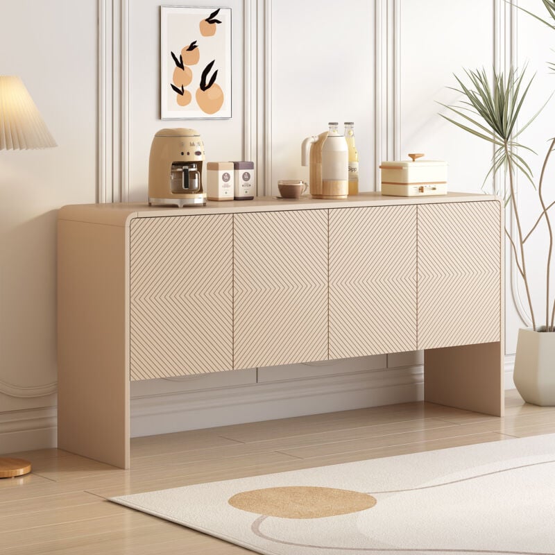 foto del prodotto credenza in legno, credenza soggiorno con 4 ante e meccanismo estraibile, crema albicocca