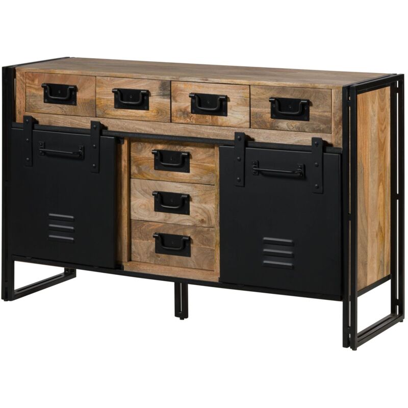 foto del prodotto credenza in legno di mango 195x45x90 laccato chiaro naturale ferro nero blackburn 109