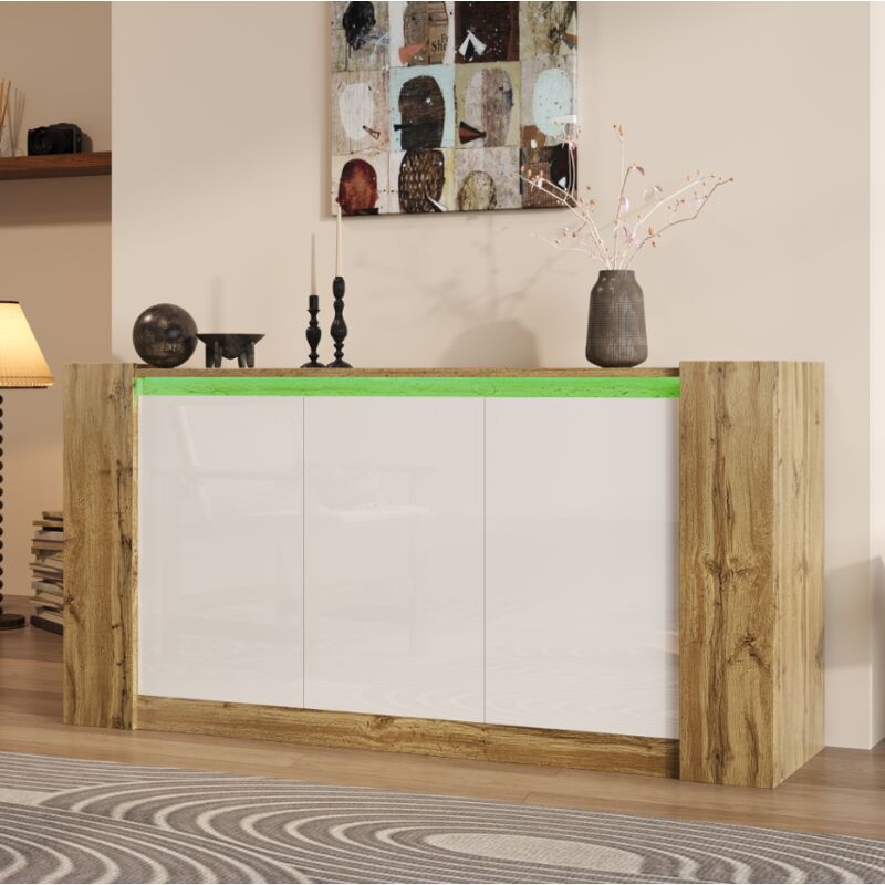 foto del prodotto credenza in legno e bianco lucido con led, design senza maniglie, ripiani regolabili, 150 l x 40 p x 70,5 a cm, naturale