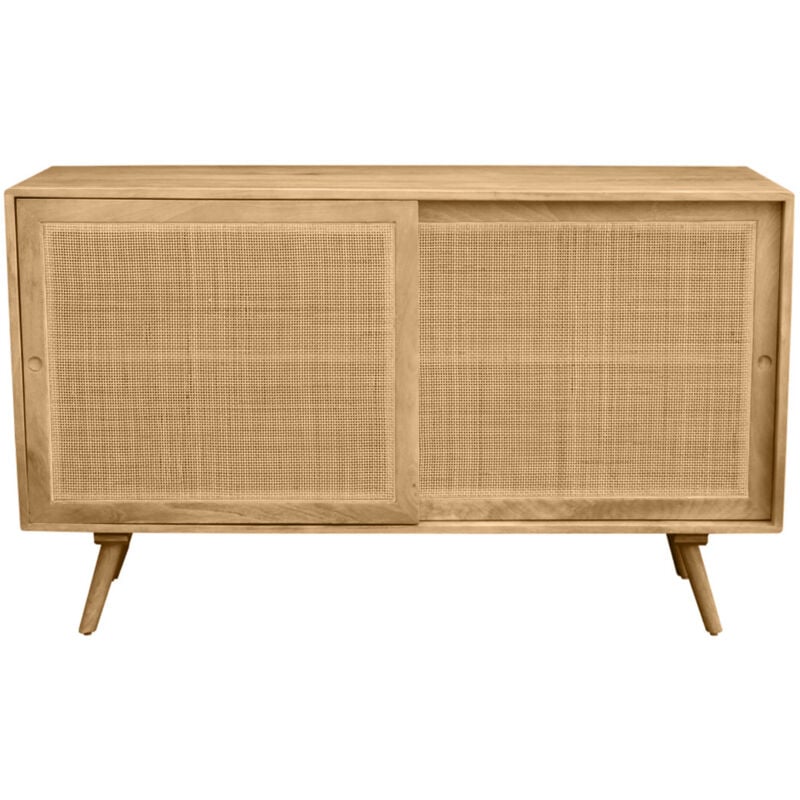 foto del prodotto credenza in legno massello di mango e motivo a intreccio in rattan 2 ante scorrevoli l135 cm acange