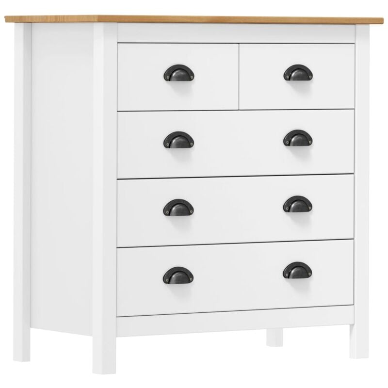foto del prodotto credenza in legno massello di pino con 5 cassetti stile rustico vari colori colore : bianco e marrone miele
