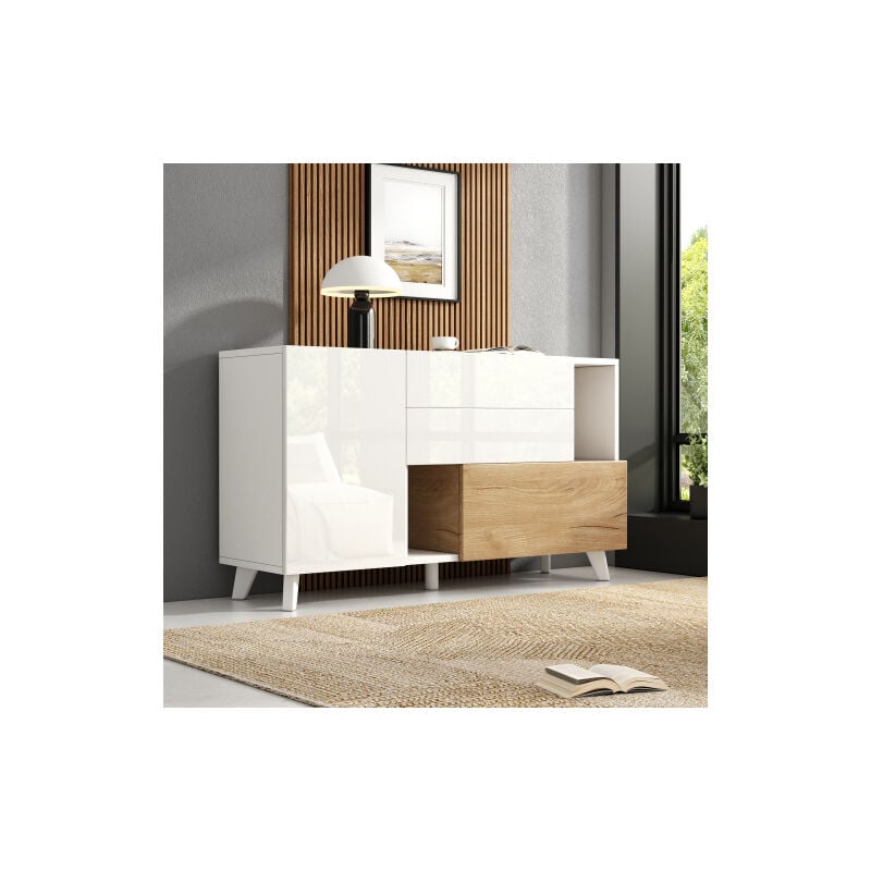 foto del prodotto credenza in legno naturale bianco lucido, credenza da cucina con 2 cassetti e 2 ante, pannello truciolare, per cucina, soggiorno, bianco e rovere
