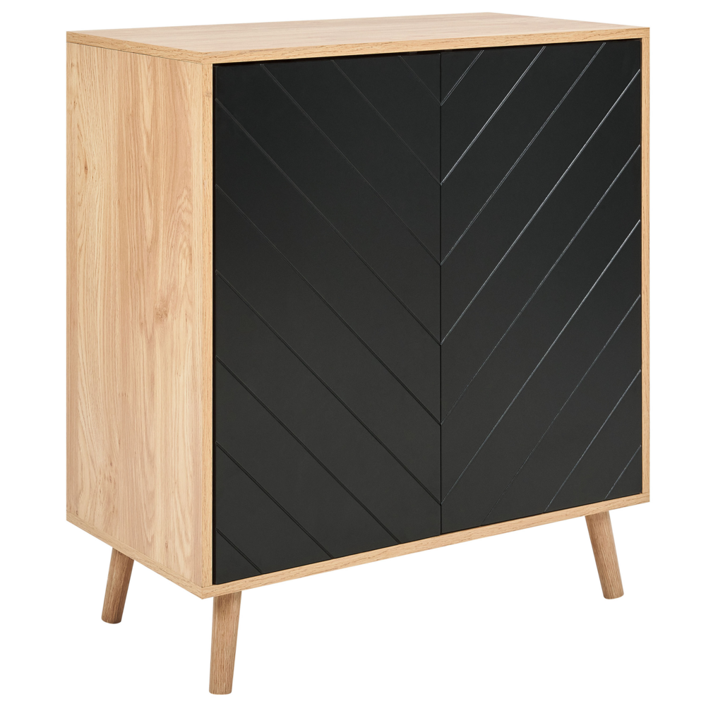 foto del prodotto credenza in mdf nero e legno chiaro impiallacciato in particelle di legno a 2 ante con ripiani soluzione di archiviazione per la camera da letto scandinava