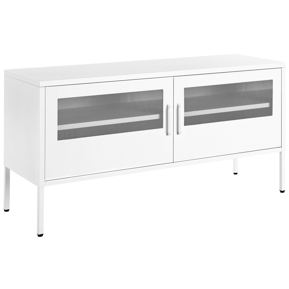 foto del prodotto credenza in metallo bianco 118 x 40 cm 2 ante in rete ripiani gambe gestione cavi mobile tv industriale soggiorno