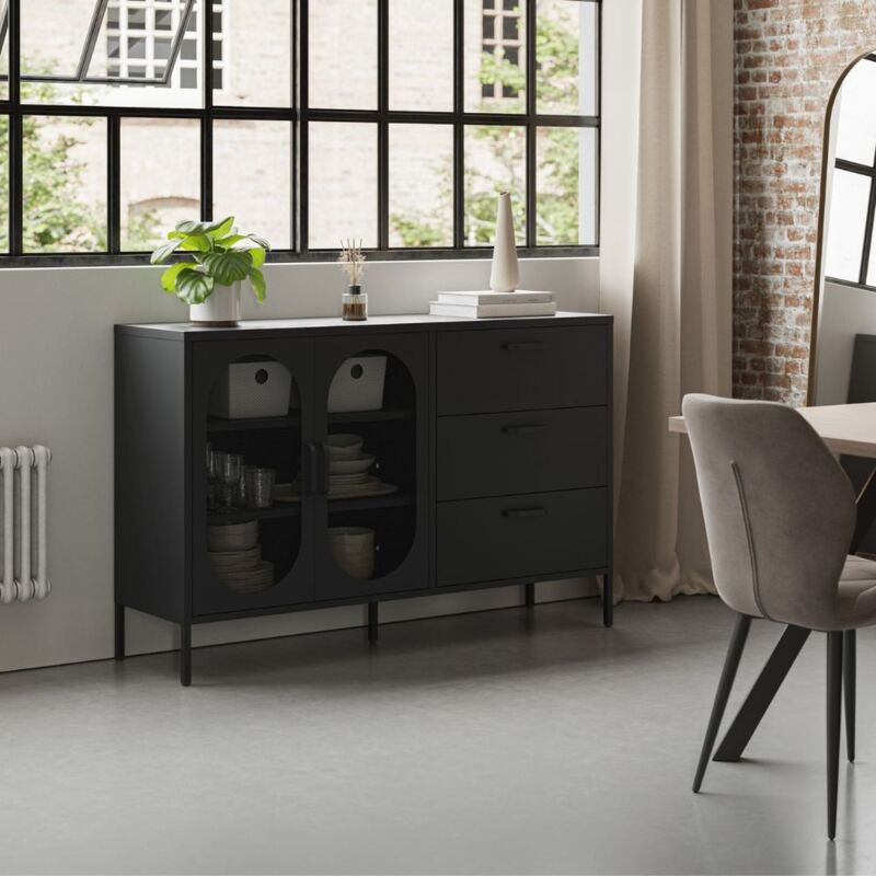 foto del prodotto credenza in metallo nero con 2 ante reticolate e 3 cassetti 140 cm diora