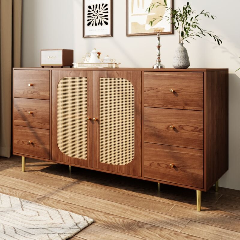 foto del prodotto credenza in rattan, mobile portaoggetti con cassetto, mobili in legno autoportanti, cucina, casa, soggiorno, marrone, 160x40x90cm
