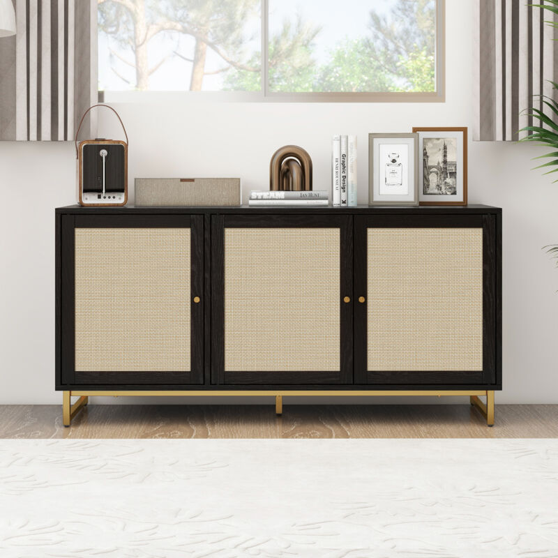 foto del prodotto credenza in rattan nera a tre ante, lunghezza 120 cm, con base in metallo, adatta per camera da letto, soggiorno, ufficio e altri ambienti