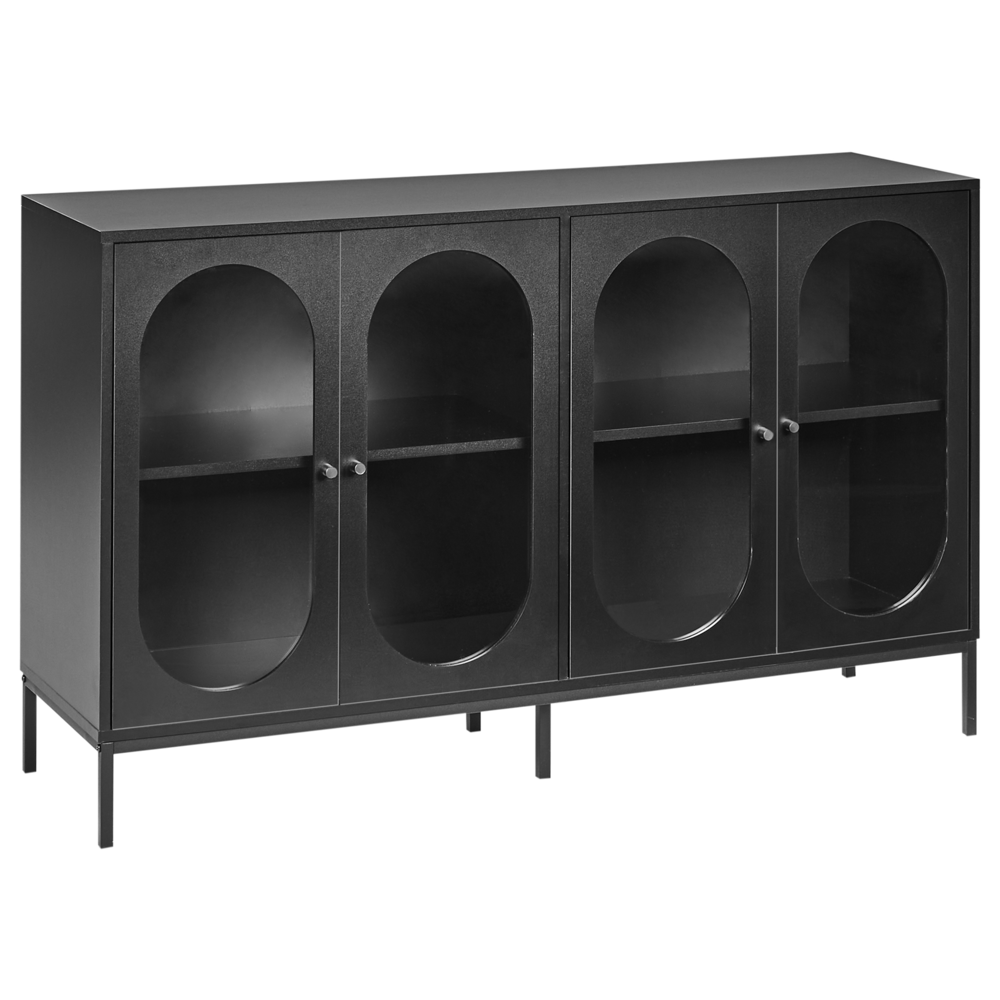 foto del prodotto credenza in truciolato nero in vetro temperato con ripiani gambe in ferro sala da pranzo elegante
