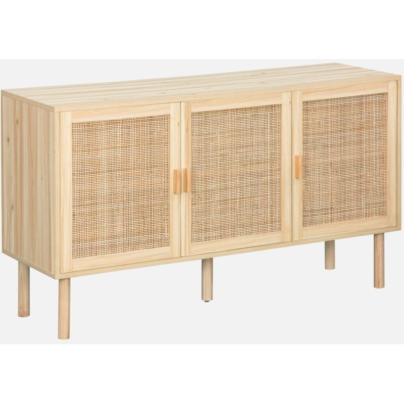 foto del prodotto credenza in vimini ed effetto legno a 3 ante, 120cm, marrone naturale
