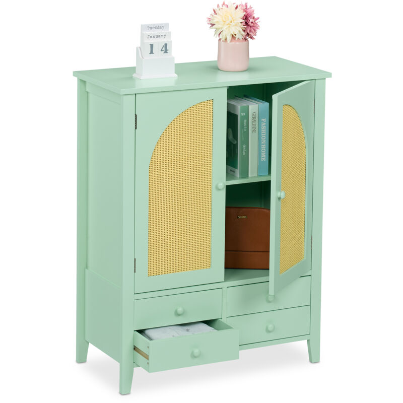 foto del prodotto credenza ingresso e salotto, com cassettiera con 2 ante in rattan e 4 cassetti, hlp 90x70x34 cm, turchese relaxdays