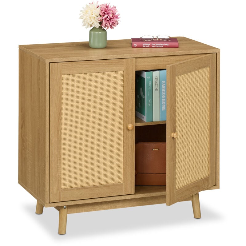 foto del prodotto credenza ingresso e salotto, com soggiorno hlp 75x80x40 cm, cassettiera in legno con ante in rattan, marrone relaxdays