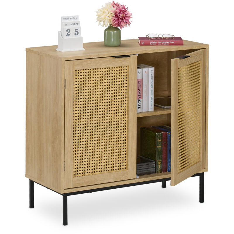 foto del prodotto credenza ingresso e salotto, com vintage con ante in rattan, gambe in metallo, hlp 76x80x35 cm, marrone nero relaxdays