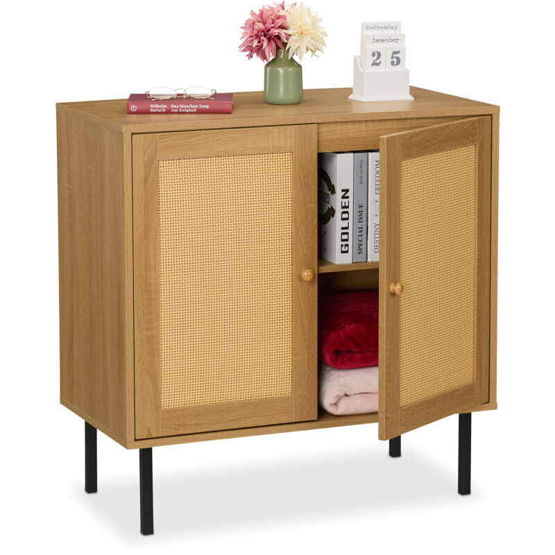 foto del prodotto credenza ingresso e salotto, com vintage con ante in rattan, gambe in metallo, hlp 80x80x40 cm, marrone nero relaxdays
