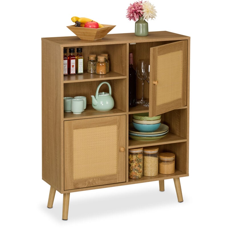 foto del prodotto credenza ingresso e salotto, com vintage da cucina, 2 ante in rattan e 4 ripiani, hlp 97x80x25 cm, marrone relaxdays