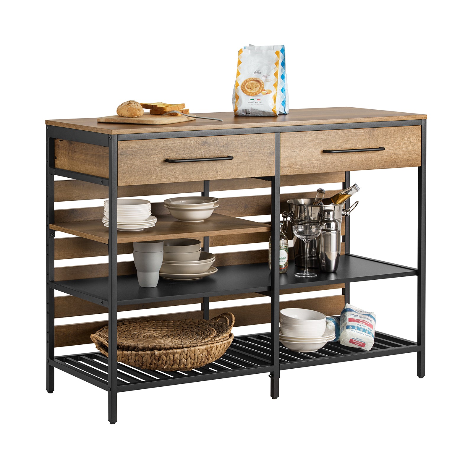 foto del prodotto credenza isola cucina con 1 cassetto e 5 ripiani aperti cassettiera credenza ingresso tavolo bar multifunzionale stile vintage 120x45x91cm fsb85 pf sobuy