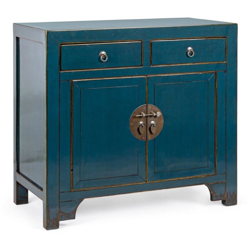 foto del prodotto credenza jinan , struttura in legno di olmo riciclato, con finitura lucida, maniglie in rame 2 ante 2 cassetti blu