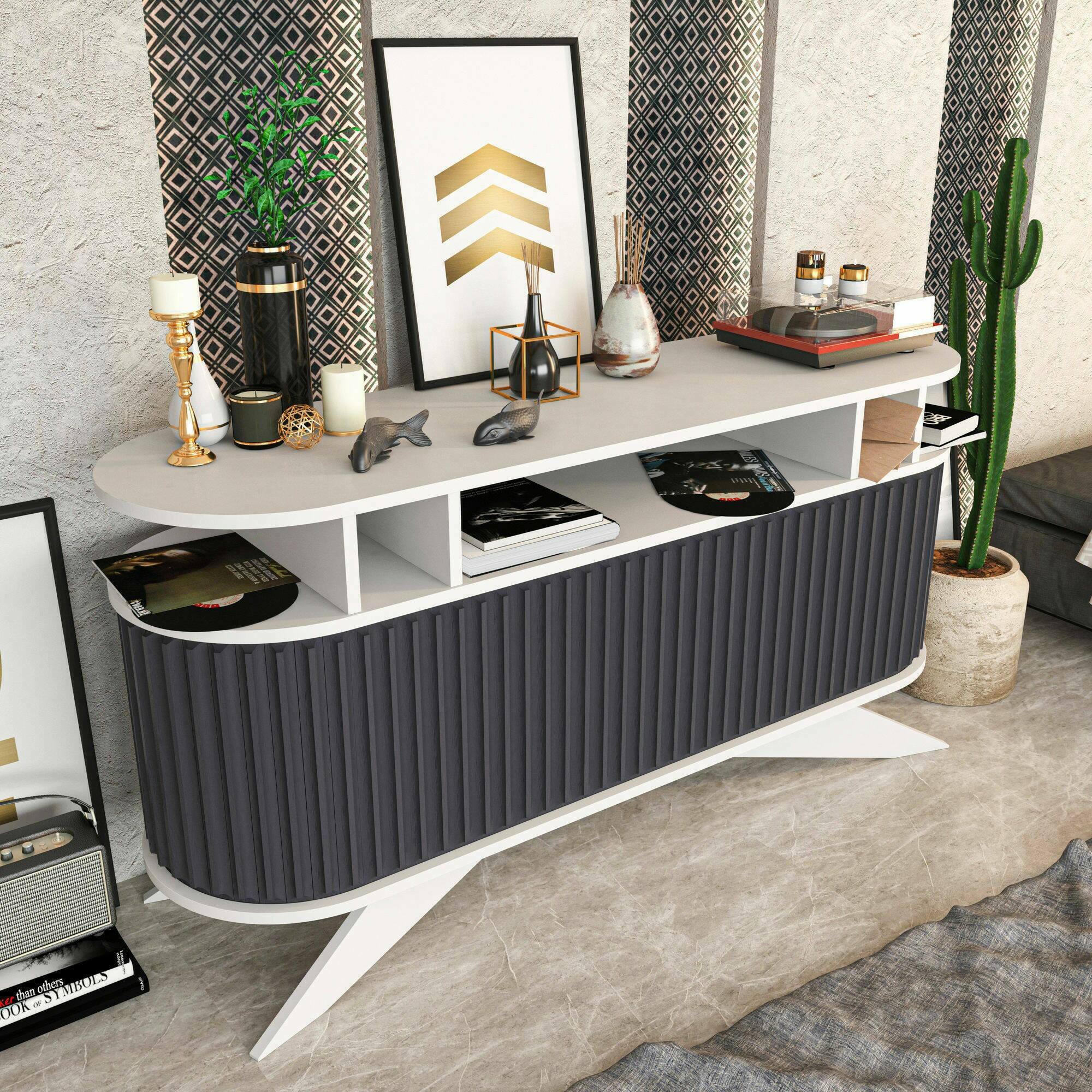 foto del prodotto credenza joy, buffet da soggiorno, madia da salotto, dispensa da cucina, 150x43h75 cm, bianco e antracite