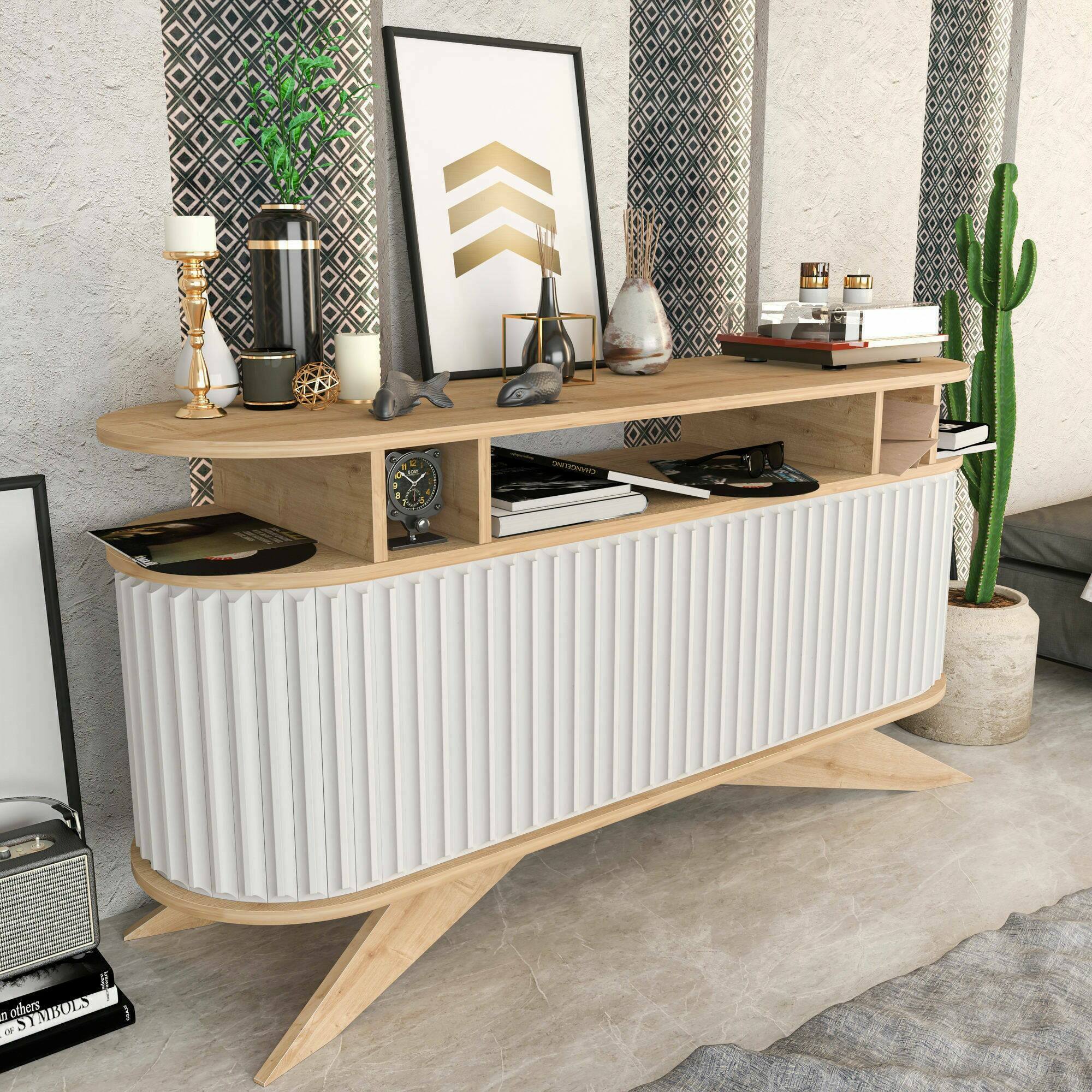 foto del prodotto credenza joy, buffet da soggiorno, madia da salotto, dispensa da cucina, 150x43h75 cm, quercia e bianco