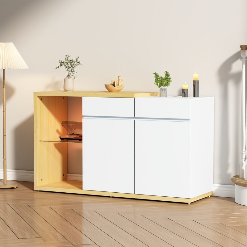 foto del prodotto credenza led larghezza 120 cm, credenza multifunzionale, cassettiera 2 ante, 2 cassetti, credenza con illuminazione led