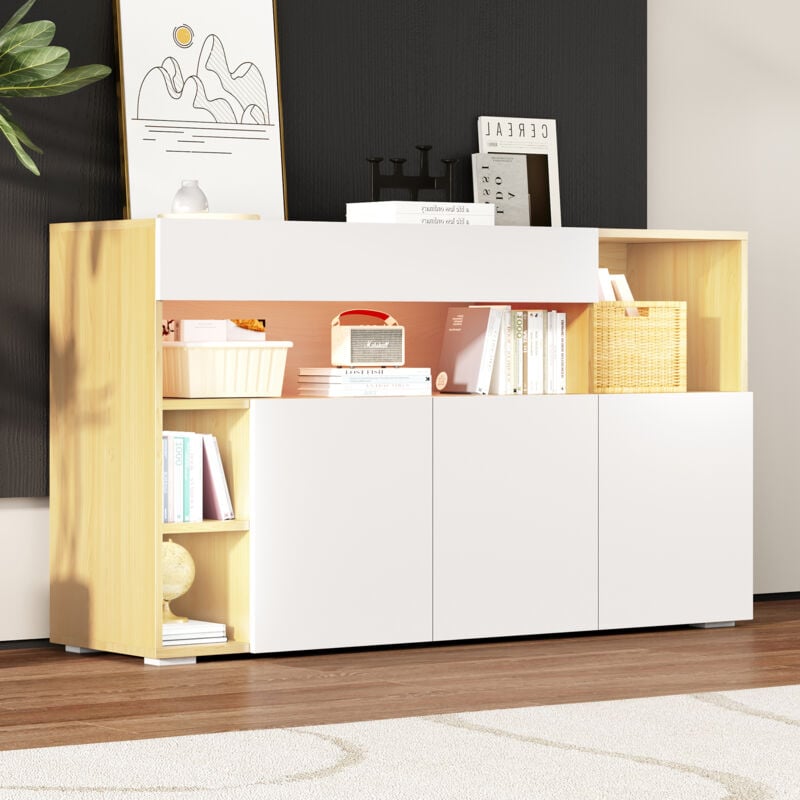 foto del prodotto credenza led larghezza 140 cm, credenza multifunzionale, cassettiera, credenza alta, lussuosa credenza per soggiorno, mobili angolari per corridoio, mobili per camera da letto, bianco e rovere
