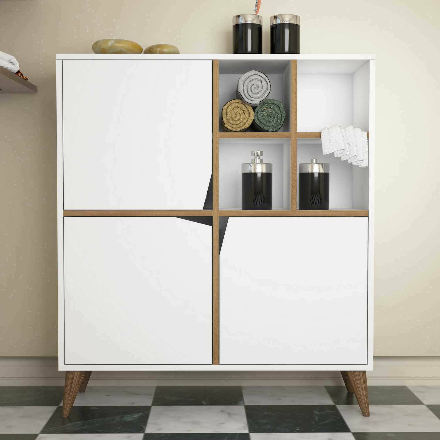 foto del prodotto credenza londra, buffet da soggiorno, madia da salotto, dispensa da cucina, 100x30 h115 cm, bianco e noce