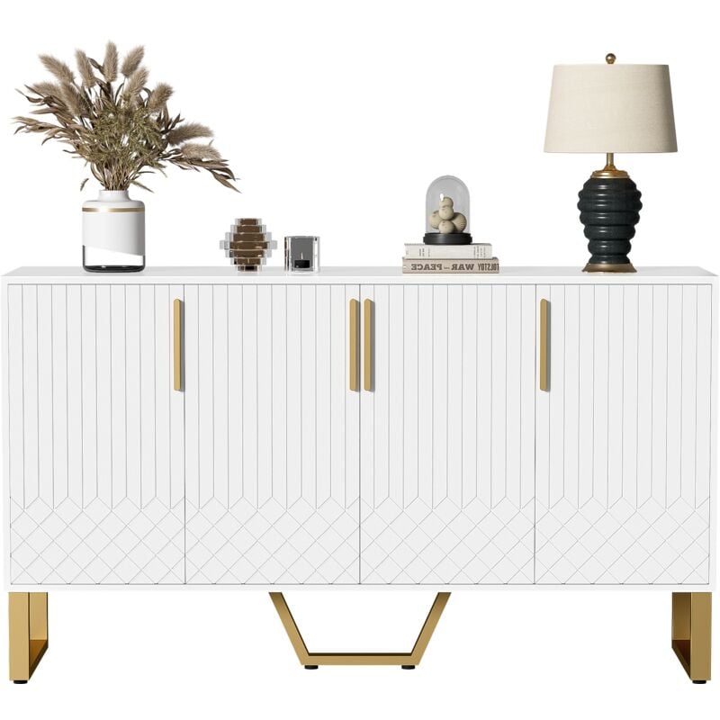 foto del prodotto credenza lucida, 4 ante, maniglie e piedini in metallo, design geometrico bianco, 140l40l80a