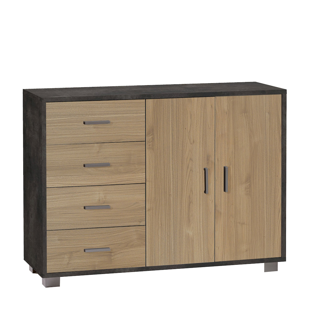 foto del prodotto credenza madia mobile 2 ante e 4 cassetti 116x41x86h cm in kit di montaggio colore ossido nero e noce stelvio