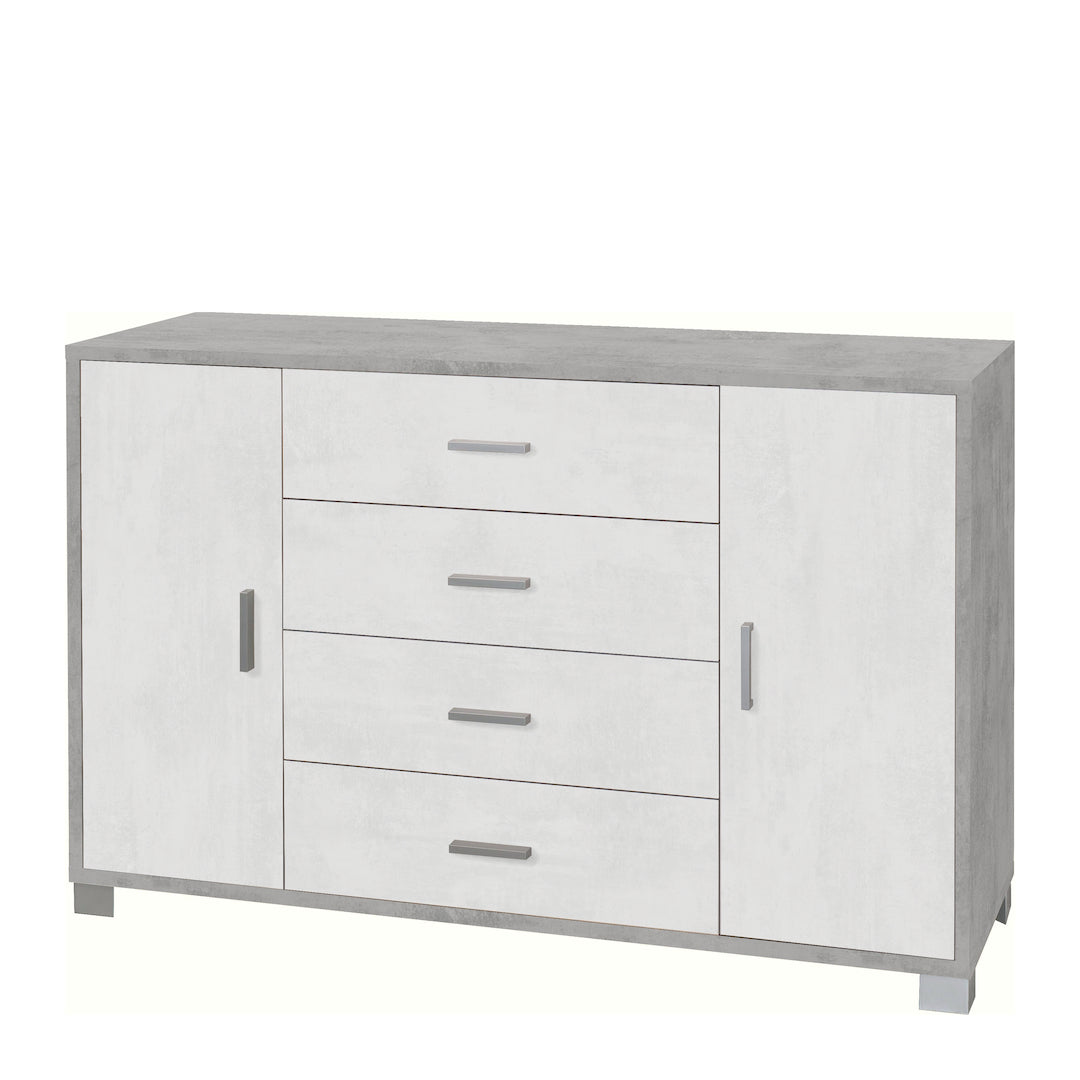foto del prodotto credenza madia mobile con 2 ante e 4 cassetti 136x41x86h cm in kit di montaggio colore cemento e bianco