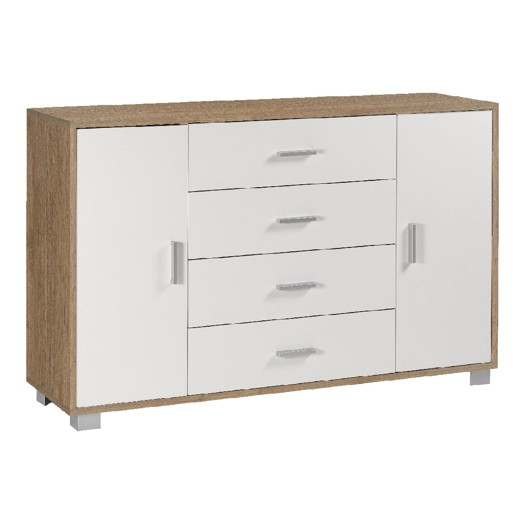 foto del prodotto credenza madia mobile con 2 ante e 4 cassetti 136x41x86h cm in kit di montaggio colore noce stelvio e bianco fiammato