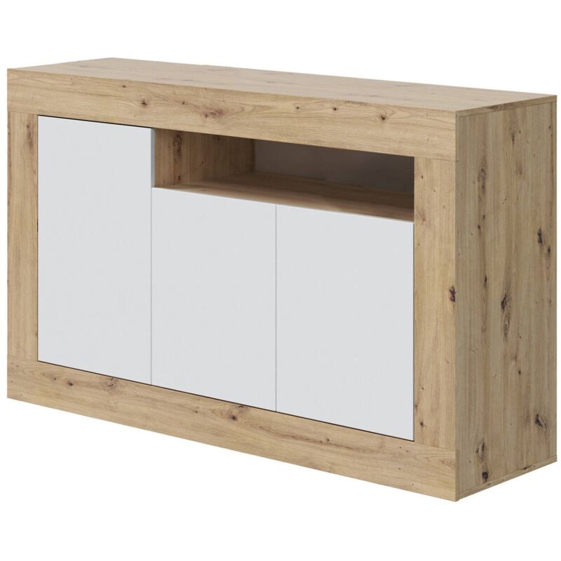 foto del prodotto credenza, madia moderna a 3 ante, buffet da soggiorno con scomparti, madia da salotto, mobile porta tv, cm 144x42h87, rovere nodi e bianco