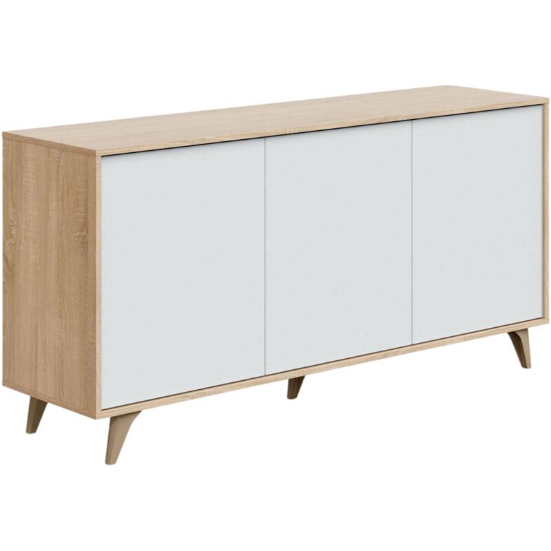foto del prodotto credenza, madia moderna a 3 ante e ripiani, buffet da cucina, buffet di design da soggiorno, cm 154x40h75, rovere e bianco