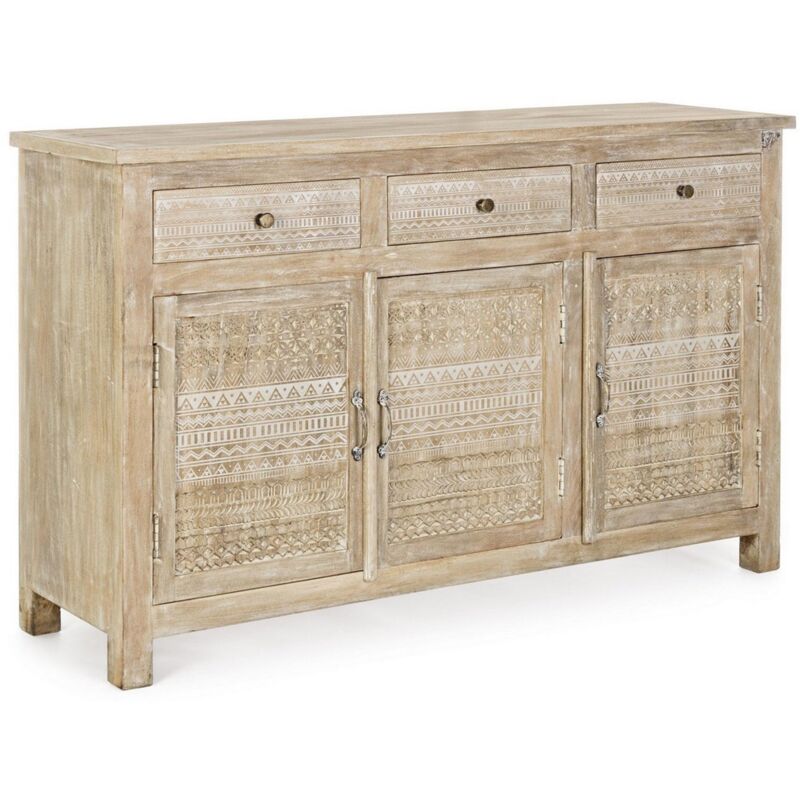 foto del prodotto credenza mayra con struttura in legno di mango, decorazioni a mano, stile naturale 2 ante 3 cassetti