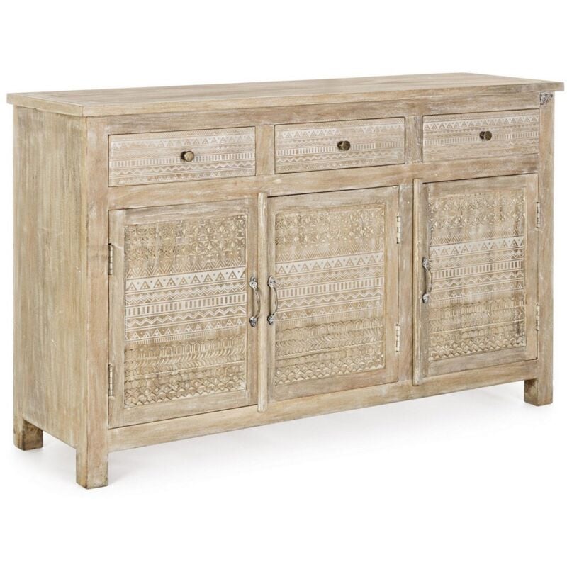 foto del prodotto credenza mayra con struttura in legno di mango, decorazioni a mano, stile naturale 3 ante 3 cassetti