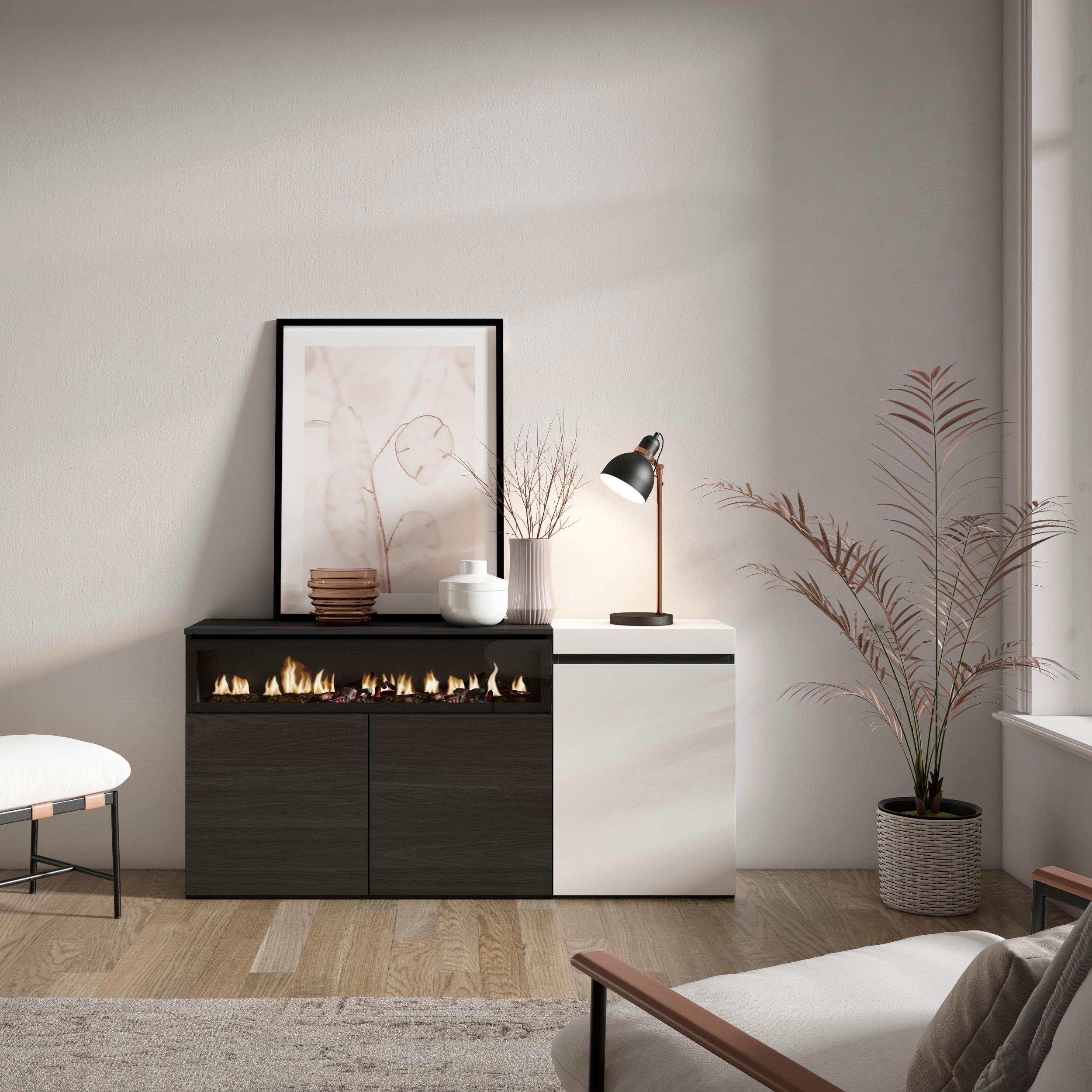 foto del prodotto credenza, mobile, 150x35x75cm, 3 porte, camino elettrico, bianco e nero rf2502