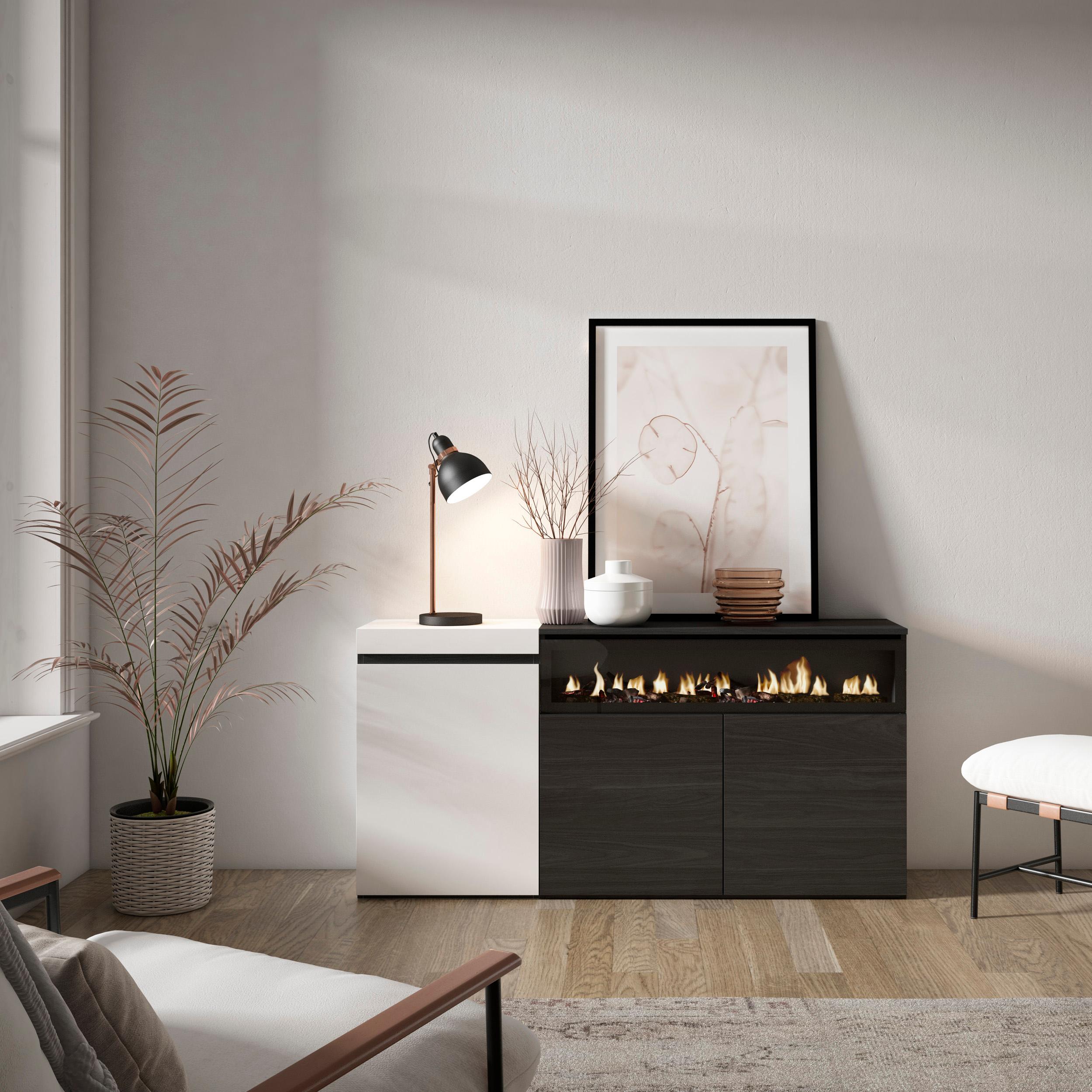 foto del prodotto credenza, mobile, 150x35x75cm, 3 porte, camino elettrico, bianco e nero rf2506