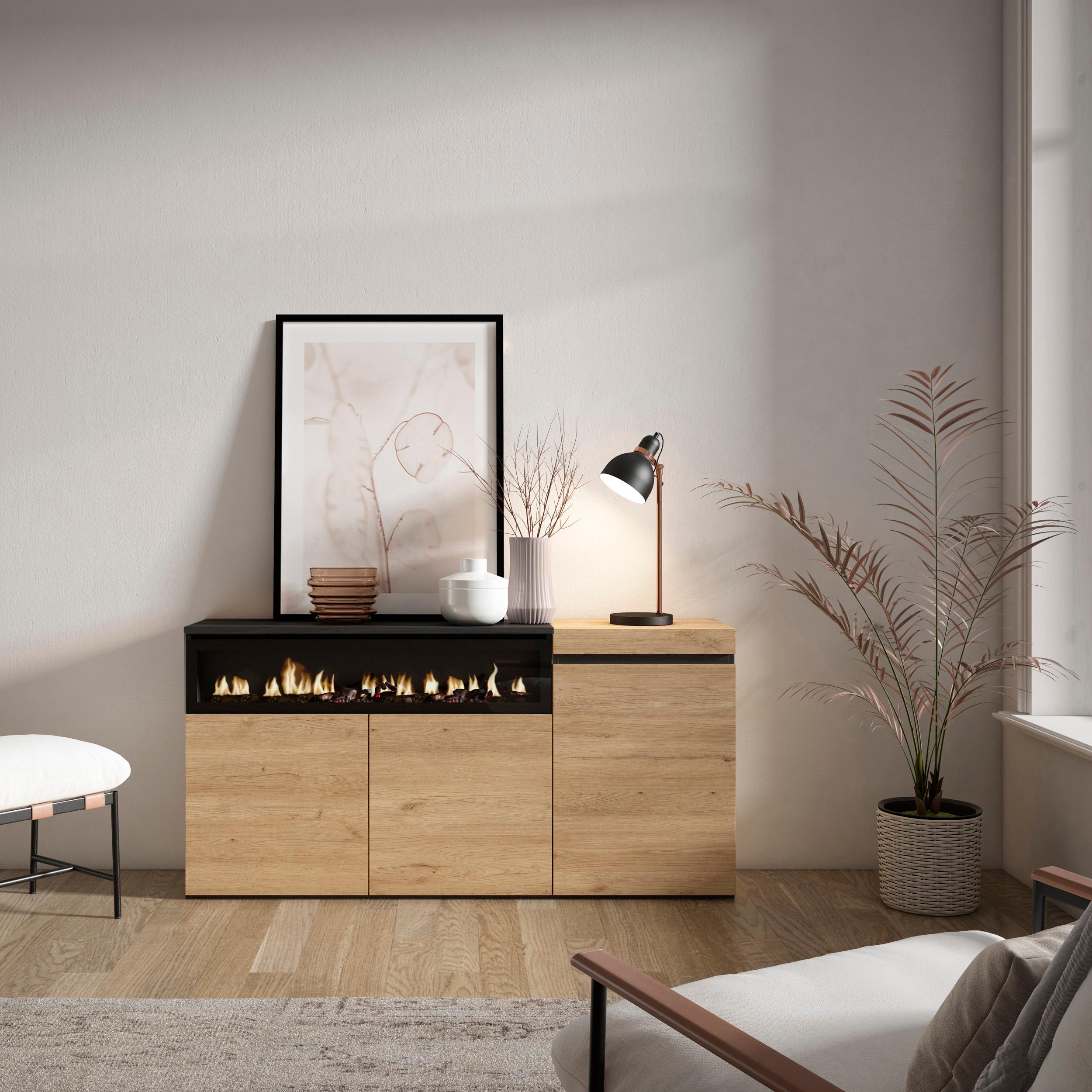foto del prodotto credenza, mobile, 150x35x75cm, 3 porte, camino elettrico, colore rovere e nero rf2518