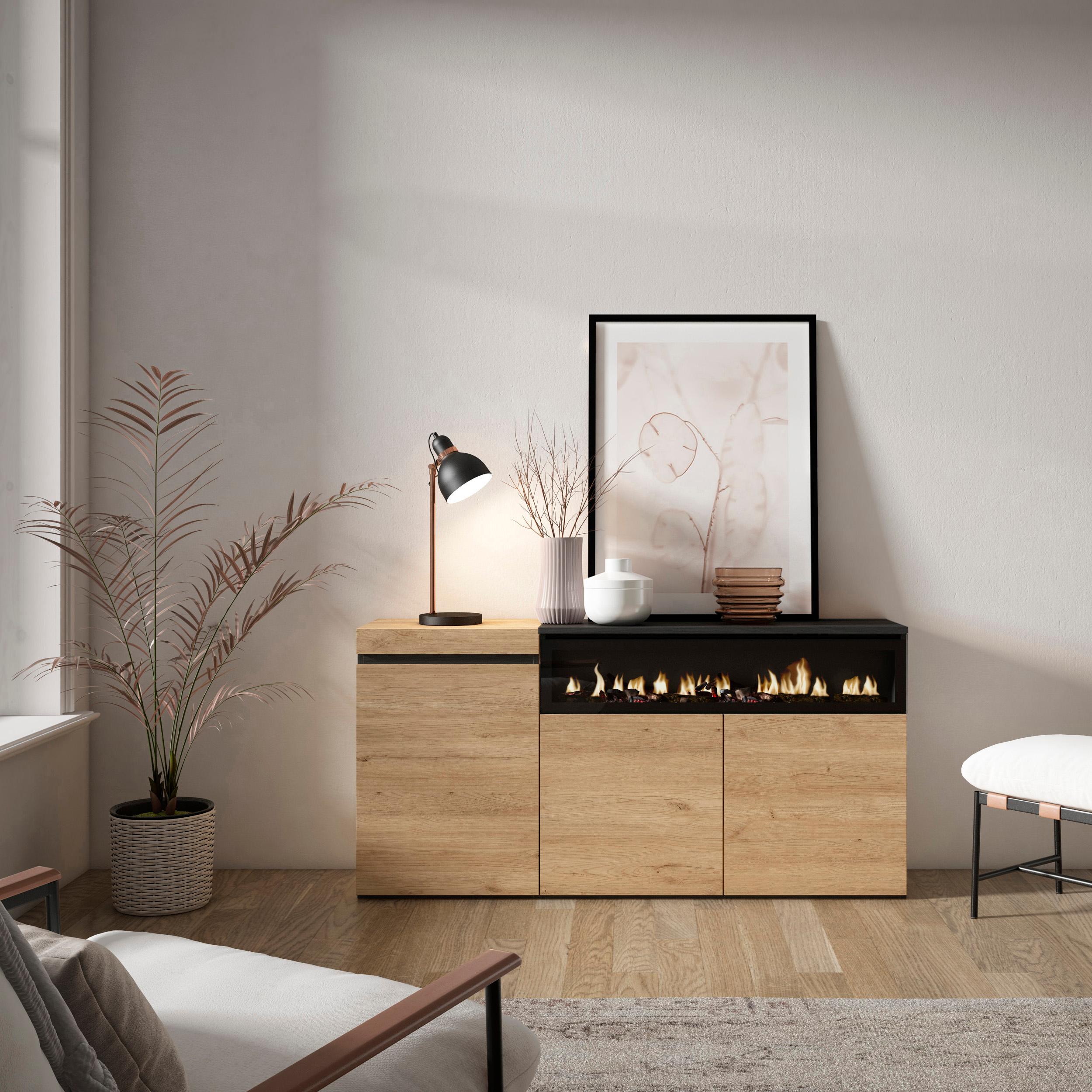 foto del prodotto credenza, mobile, 150x35x75cm, 3 porte, camino elettrico, colore rovere e nero rf2522
