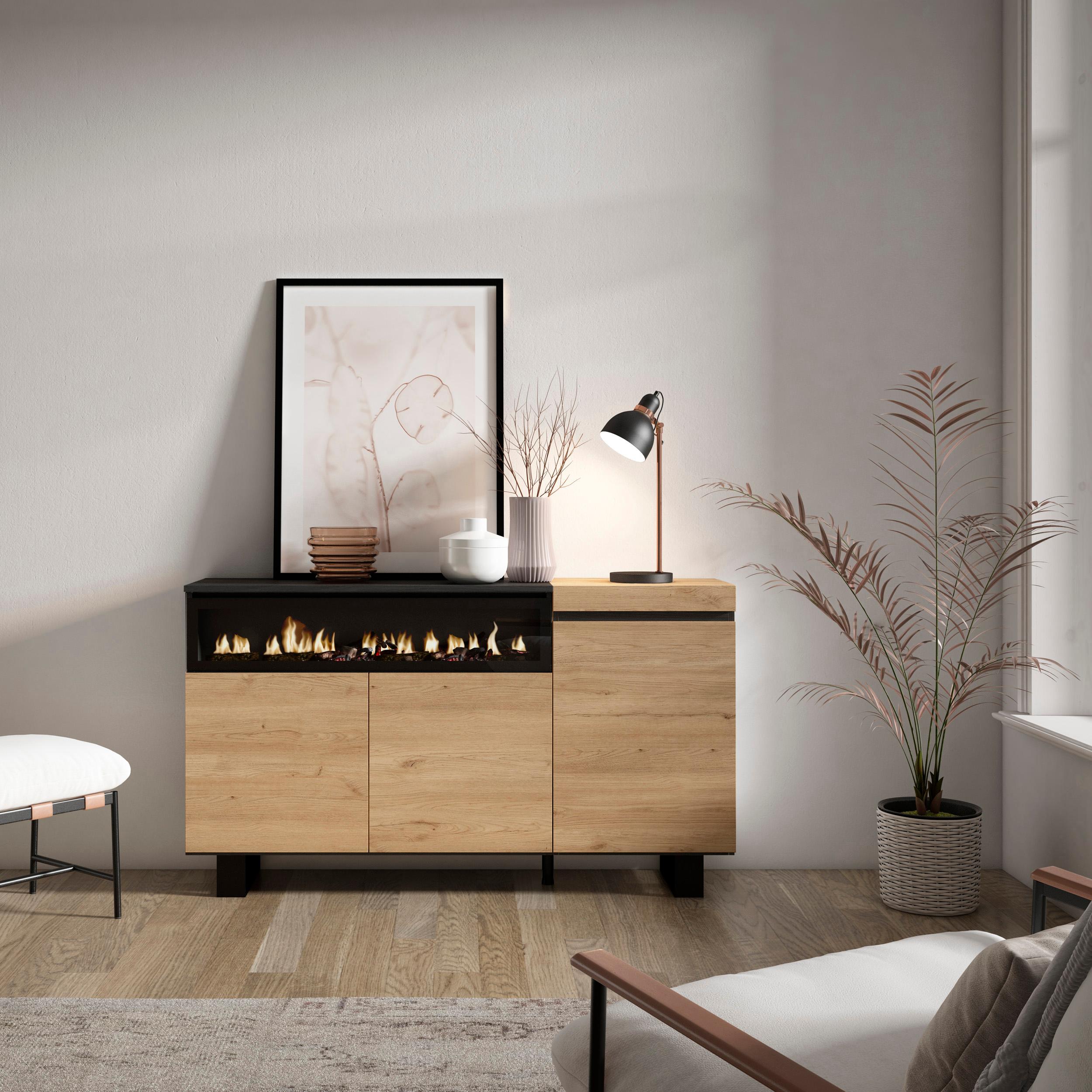 foto del prodotto credenza, mobile, 150x35x87cm, 3 porte, camino elettrico, design industriale, colore rovere e nero rf2519