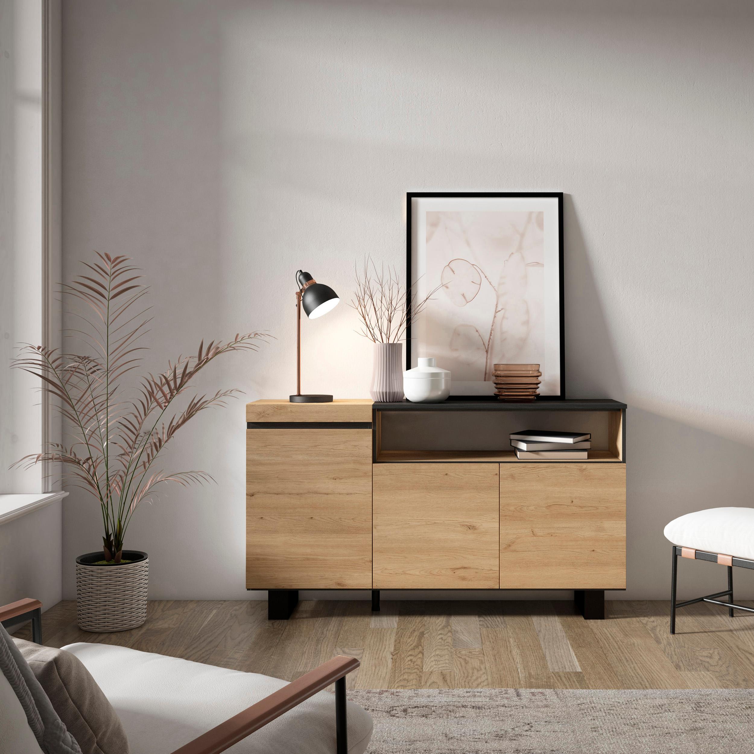 foto del prodotto credenza, mobile, 150x35x87cm, 3 porte, design industriale, colore rovere e nero rf2521