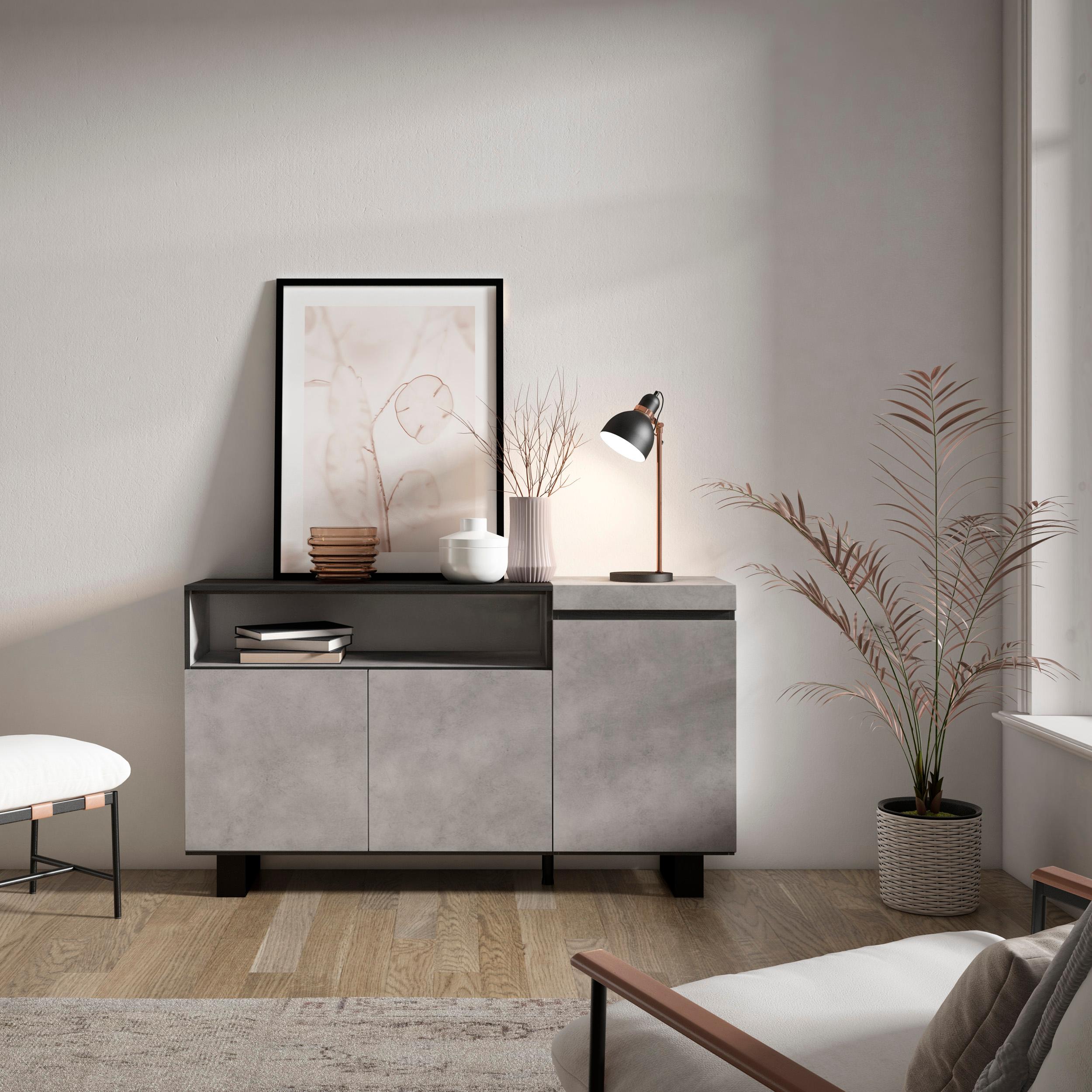 foto del prodotto credenza, mobile, 150x35x87cm, 3 porte, design industriale, grigio cemento rf2492