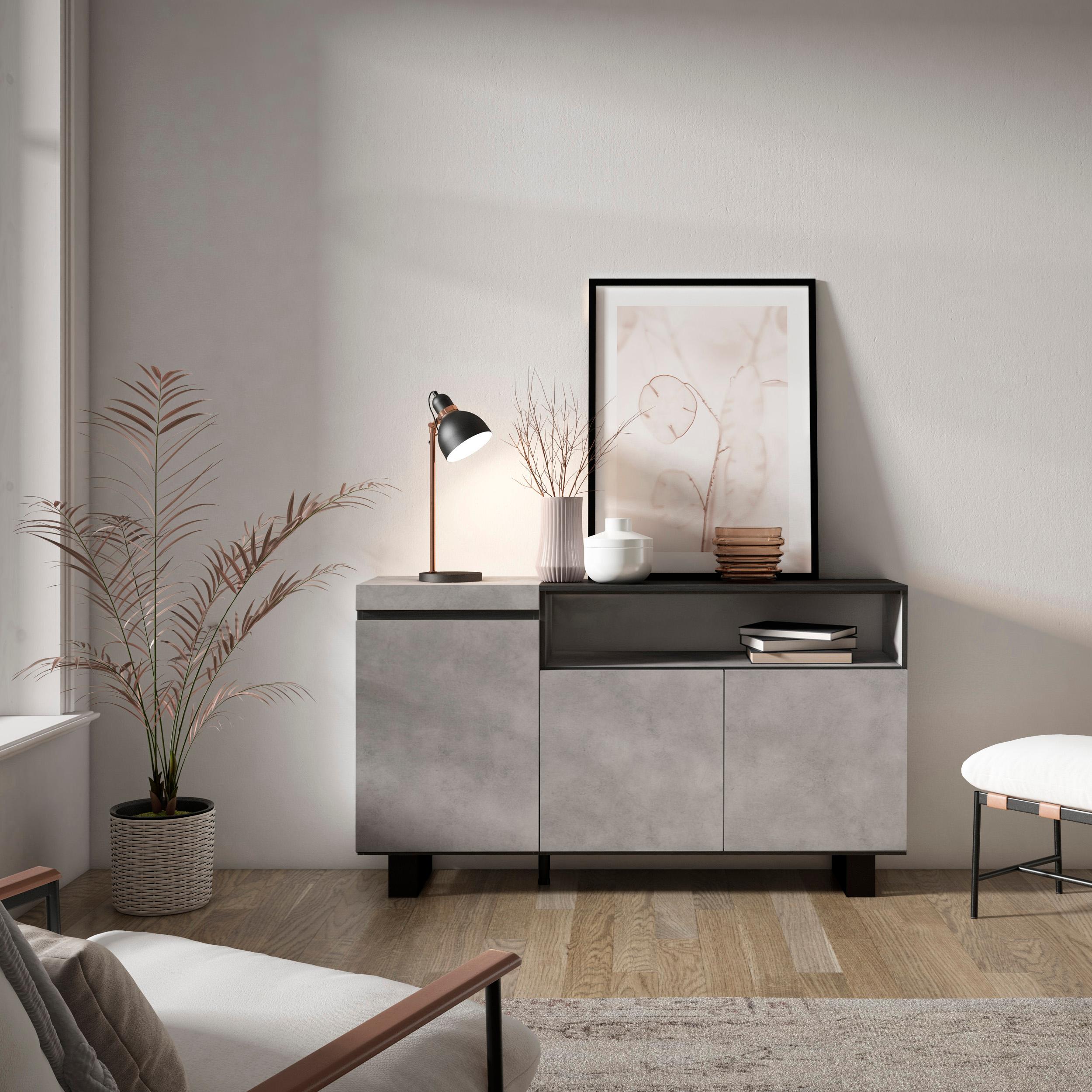 foto del prodotto credenza, mobile, 150x35x87cm, 3 porte, design industriale, grigio cemento rf2497