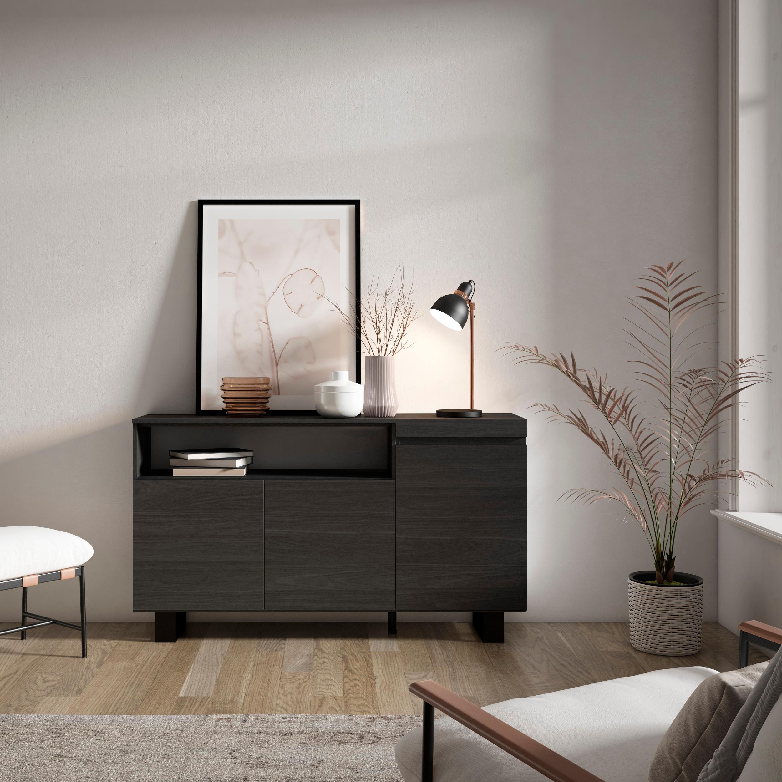 foto del prodotto credenza, mobile, 150x35x87cm, 3 porte, design industriale, nero rf2509