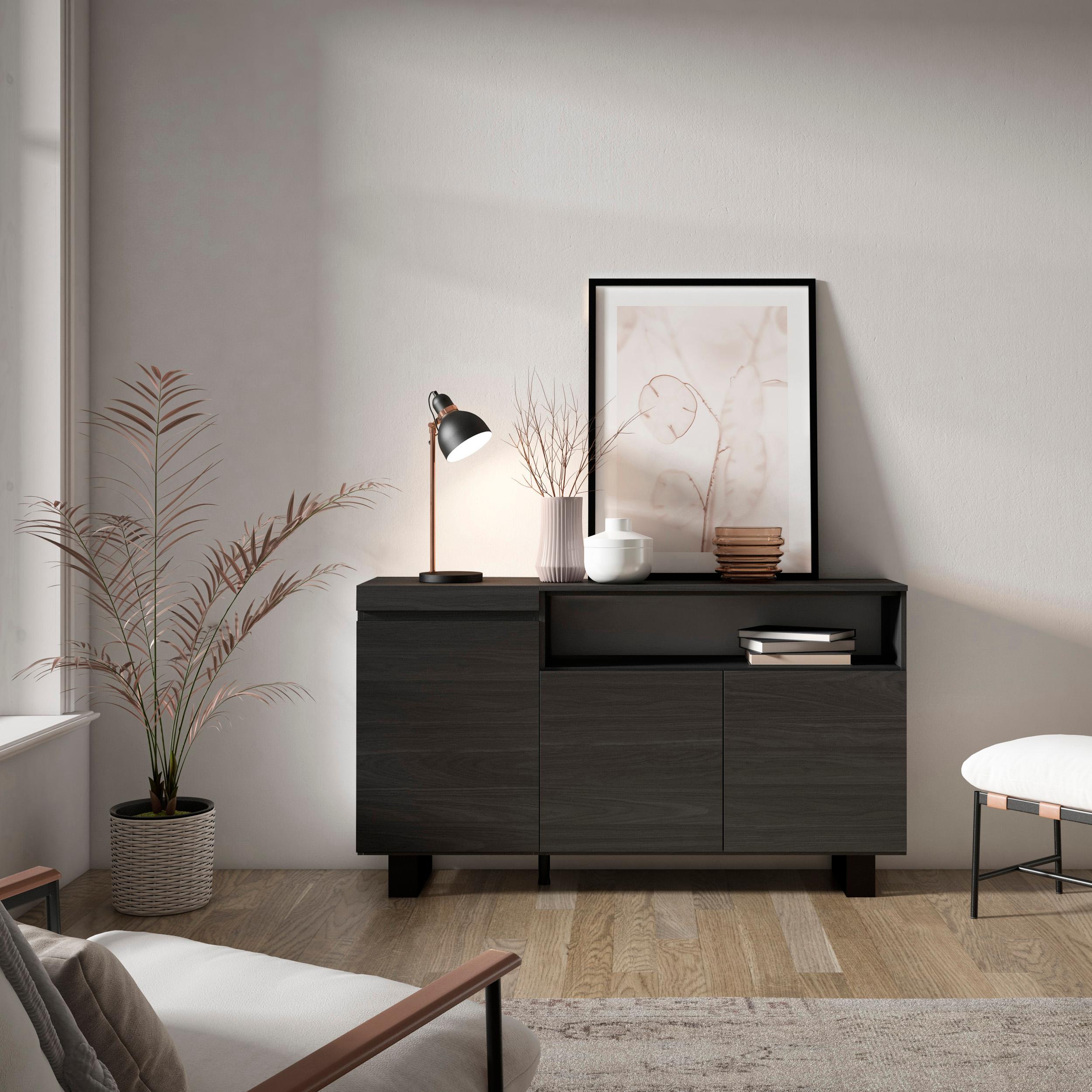 foto del prodotto credenza, mobile, 150x35x87cm, 3 porte, design industriale, nero rf2513