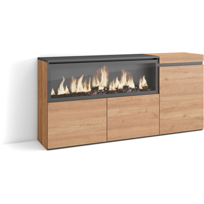 foto del prodotto credenza, mobile, 158x35x75cm, 3 porte, camino elettrico xxl, colore rovere rf3290