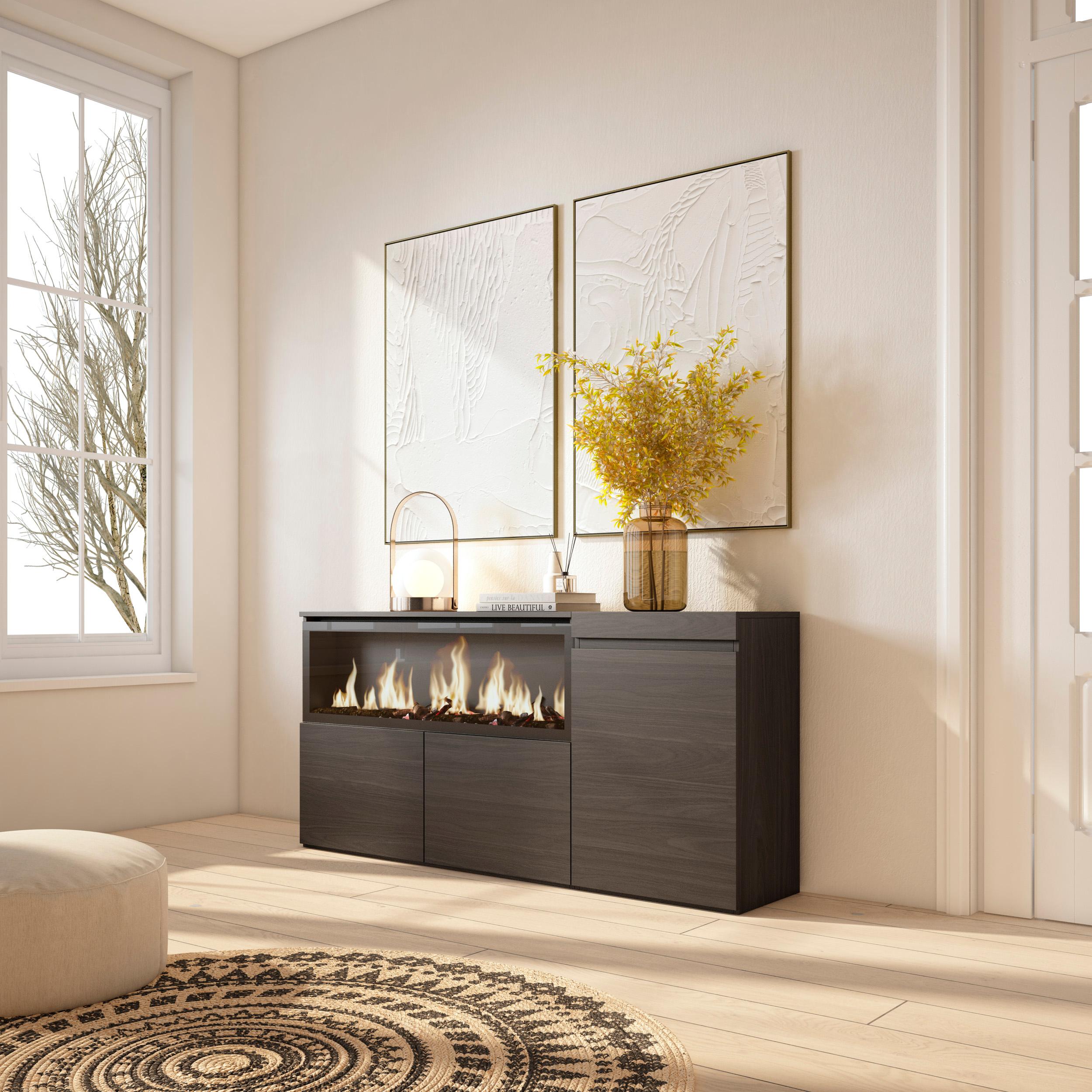 foto del prodotto credenza, mobile, 158x35x75cm, 3 porte, camino elettrico xxl, nero rf3282