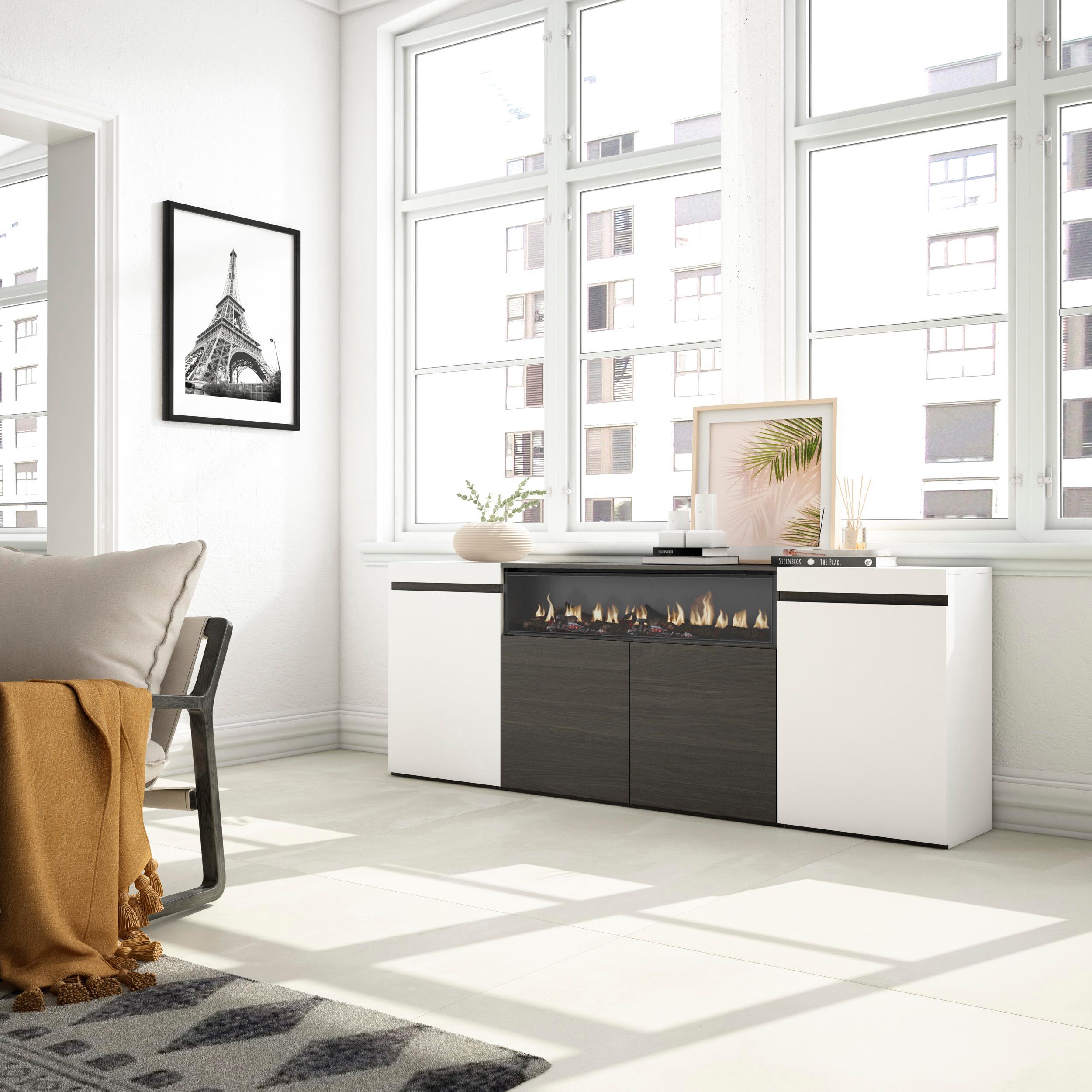 foto del prodotto credenza, mobile, 200x35x75cm, 4 porte, camino elettrico, bianco e nero rf2298