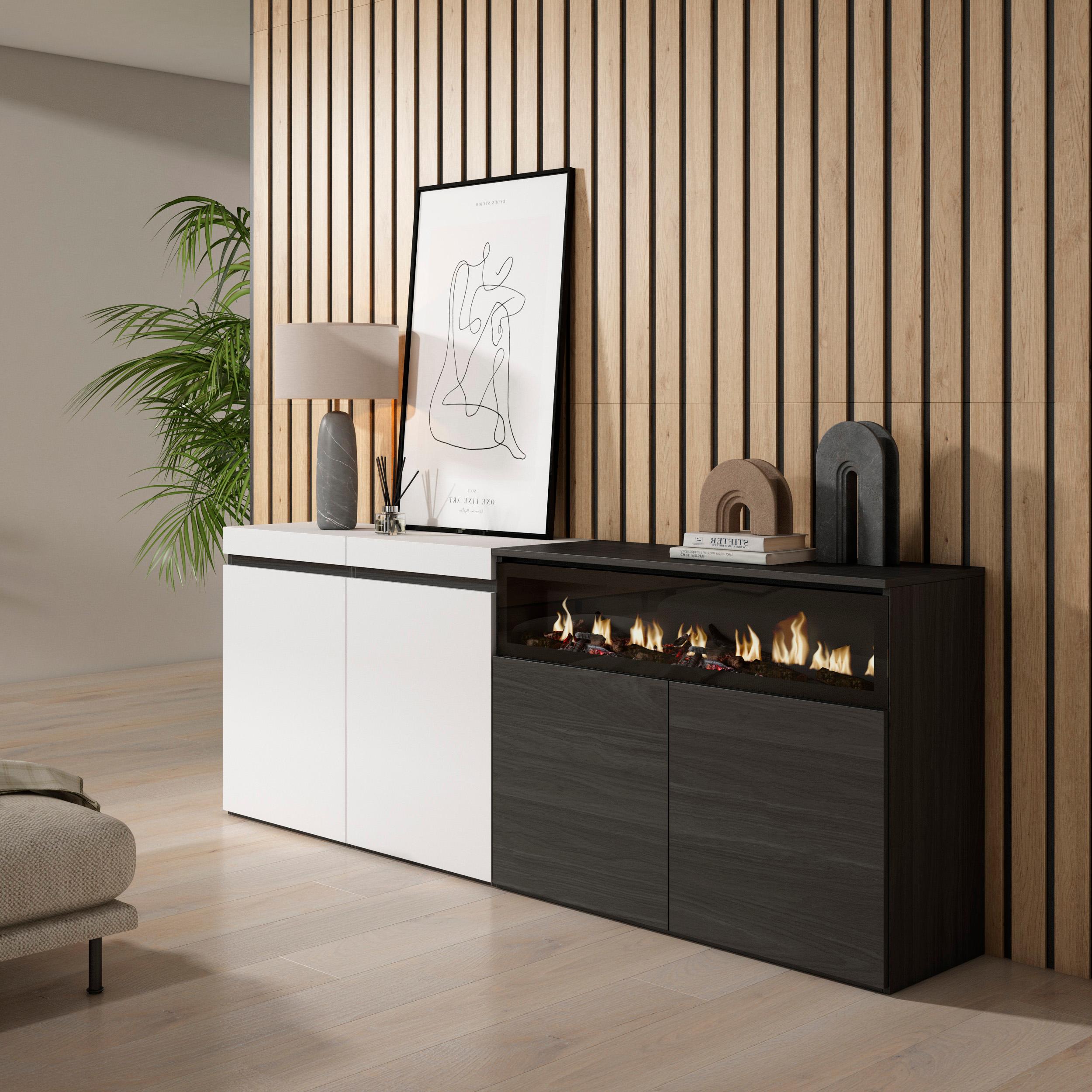 foto del prodotto credenza, mobile, 200x35x75cm, 4 porte, camino elettrico, bianco e nero rf2397
