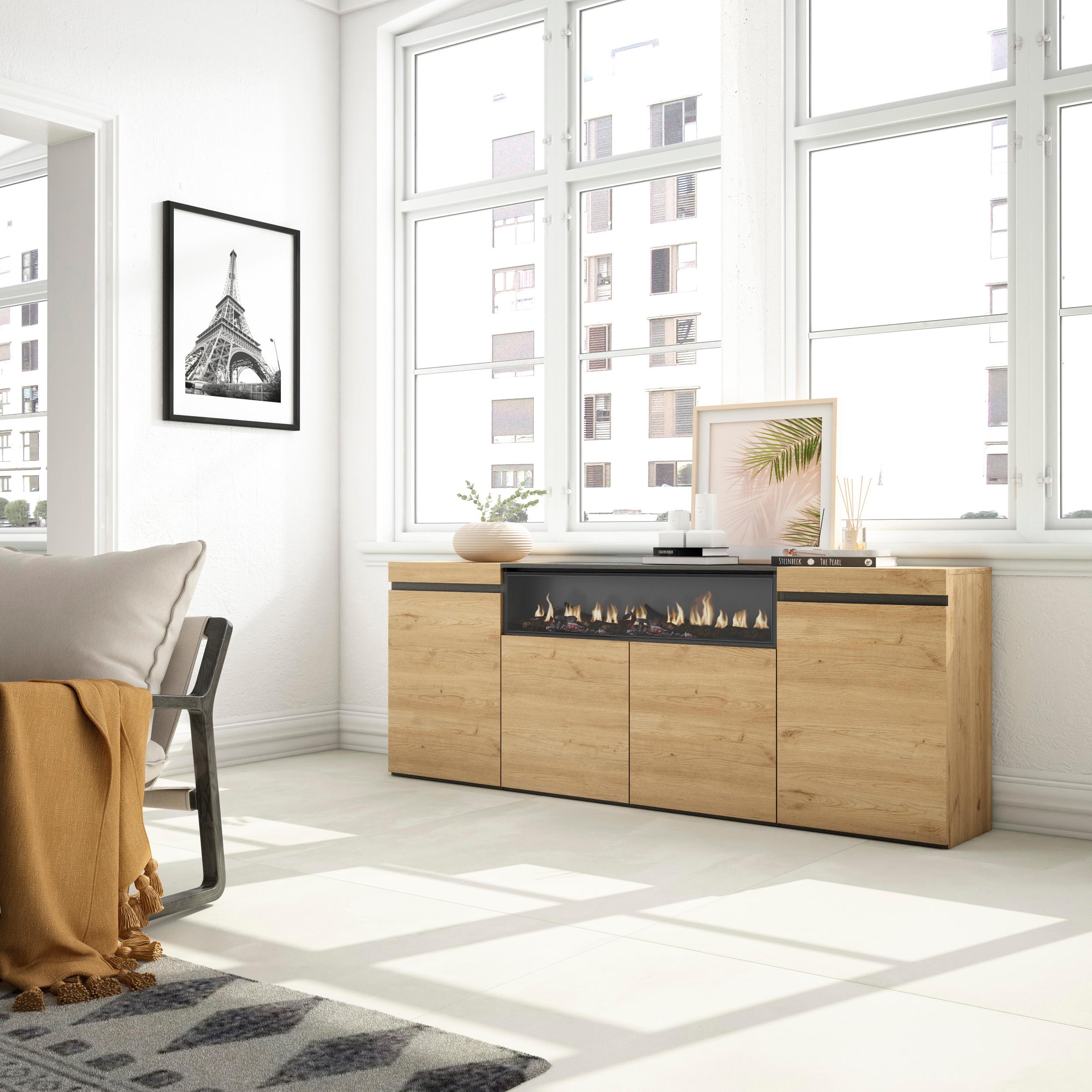 foto del prodotto credenza, mobile, 200x35x75cm, 4 porte, camino elettrico, colore rovere e nero rf2282