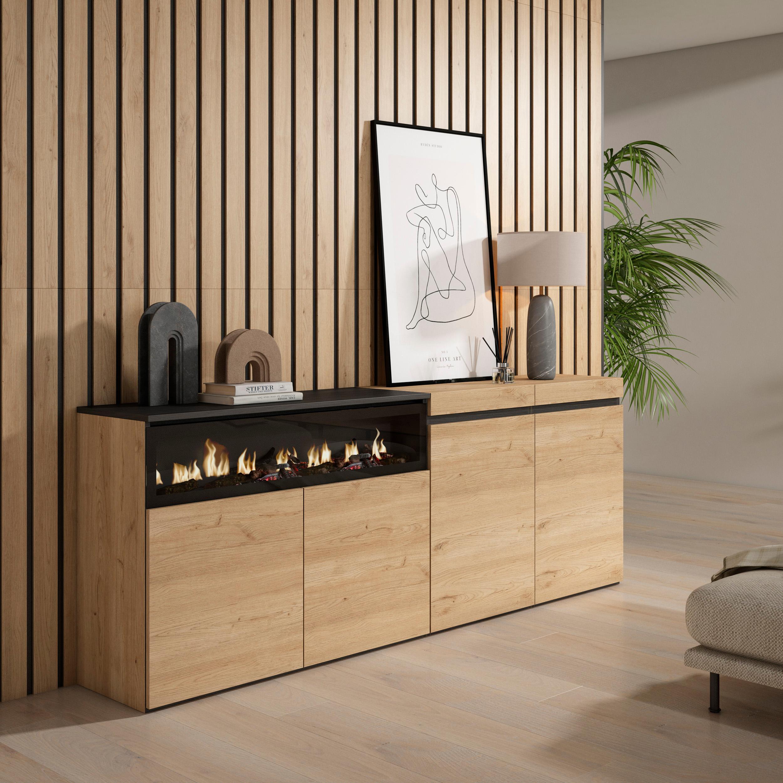 foto del prodotto credenza, mobile, 200x35x75cm, 4 porte, camino elettrico, colore rovere e nero rf2310